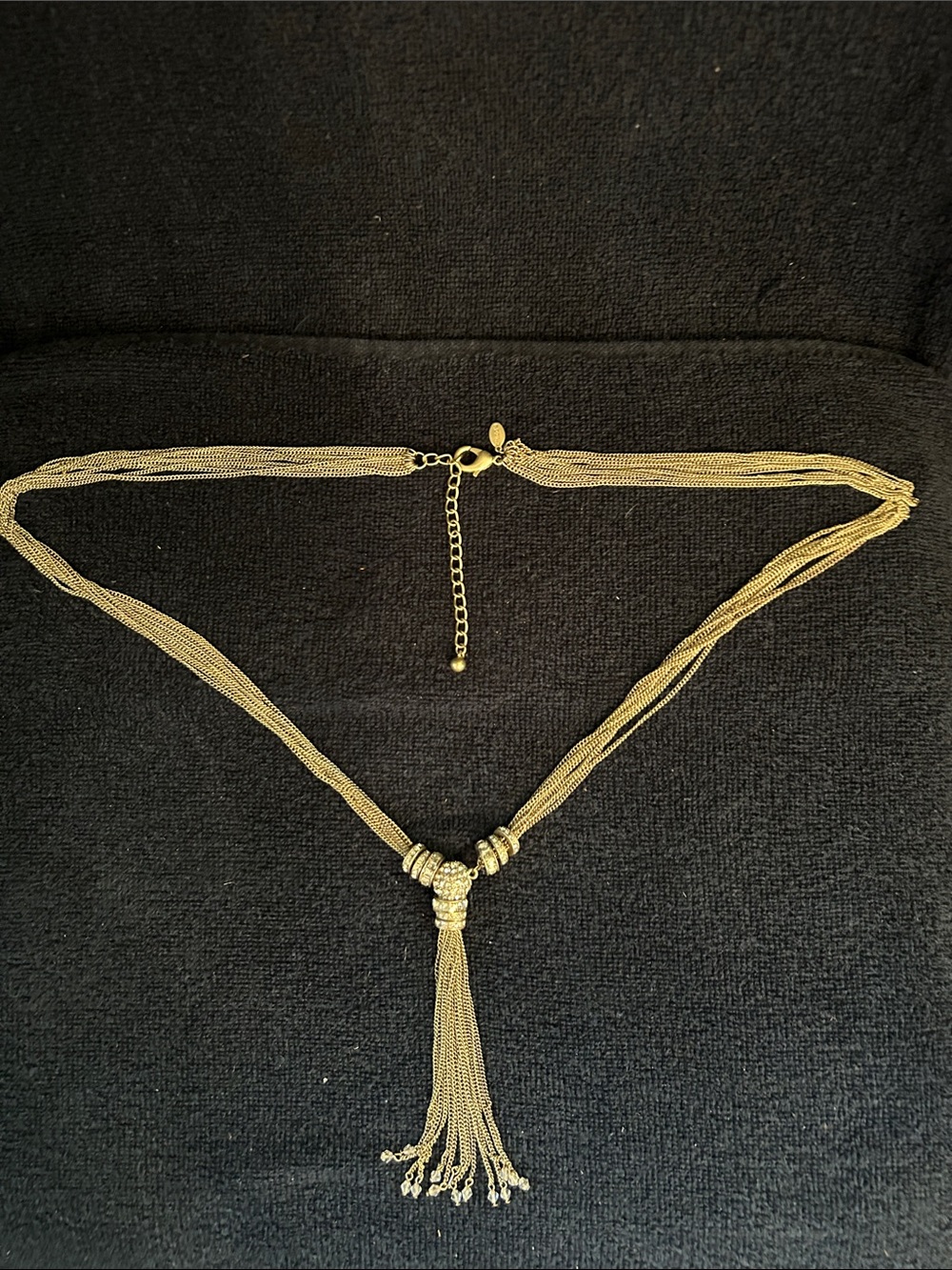 Chico’s Vintage Gold Tassel Multi-Chain Necklace with Rhinestone Disco Ball